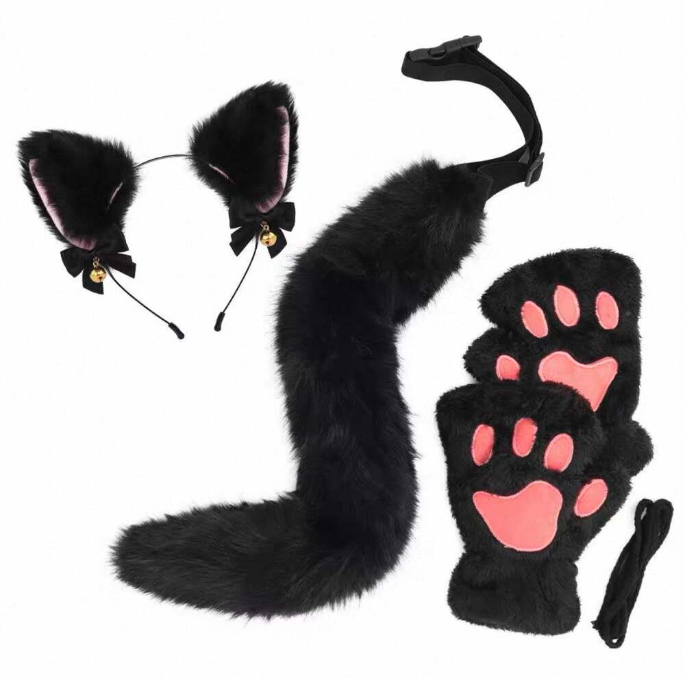 Faux Fur Cat Ears Tail Paw Gloves Set Anime Cosplay Halloween CostumeAccessories